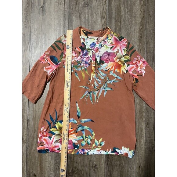 Soft Surroundings Blouse Women L Tunic Top Tropical Floral 3/4 Sleeve Camp Shirt - Picture 4 of 7